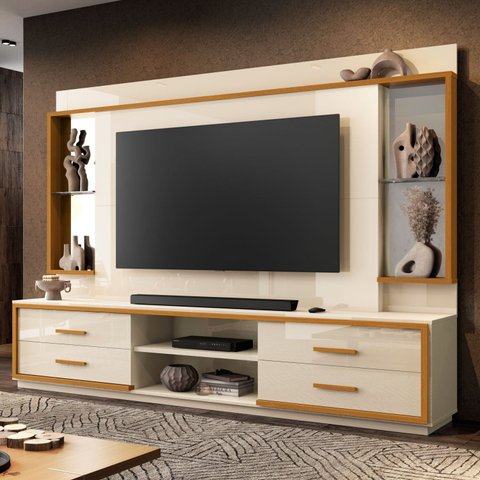 Estante para TV e Home Theater até 75 Polegadas 100% MDF 240cmx192cm Espelho 4 Gavetas Leni Bege Off White/Cedro