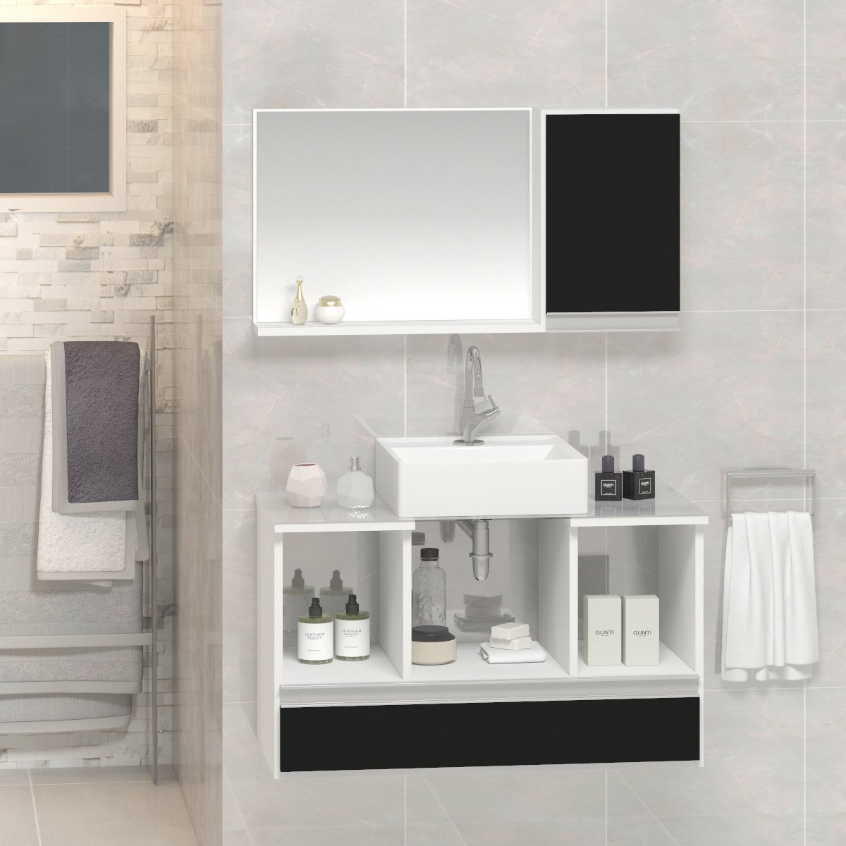 Conjunto Gabinete Banheiro VENUS 80cm Branco/Preto - Gabinete + Cuba + Espelheira + Tampo Vidro - 1