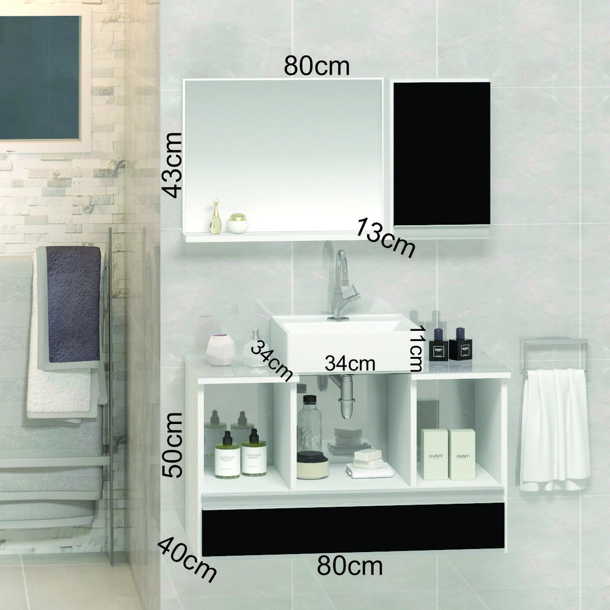 Conjunto Gabinete Banheiro VENUS 80cm Branco/Preto - Gabinete + Cuba + Espelheira + Tampo Vidro - 2