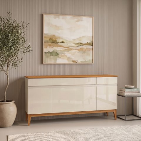 Buffet Aparador 4 Portas e 4 Gavetas em MDF com Pés em Madeira Maciça Bege/Off White/Cedro