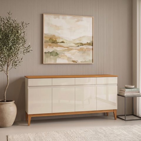 Buffet Aparador 4 Portas e 4 Gavetas em MDF com Pés em Madeira Maciça Bege/Off White/Cedro