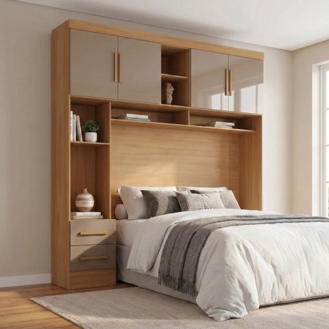 Ponte Aérea Modular Casal com 2 Gavetas e Nichos 100% MDF Smart Marrom/Cinamomo/Cappucino