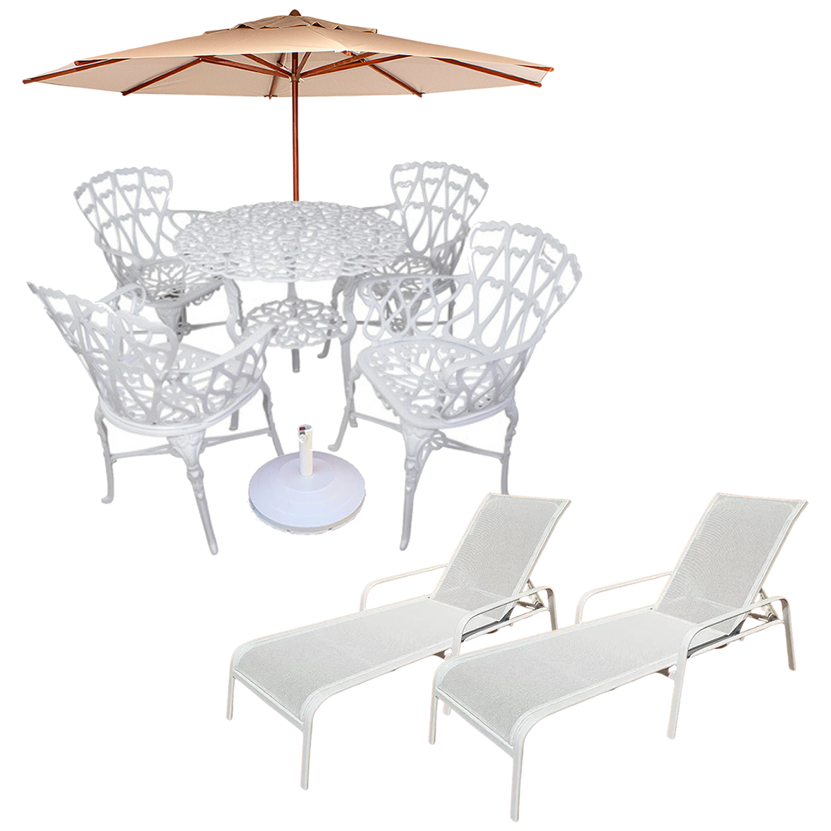 Kit Moveis Piscina Jogo de Jardim Viena com Mesa, 4 Cadeiras, Guarda Sol e Espreguiçadeira Piscina