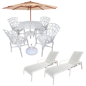Kit Moveis Piscina Jogo de Jardim Viena com Mesa, 4 Cadeiras, Guarda Sol e Espreguiçadeira Piscina