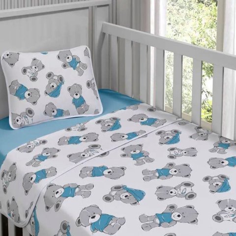 Jogo de Cama Tecebem Baby Malha 100% Algodão Estampado Bento 3 Peças Azul