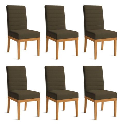 Kit 6 Cadeiras de Jantar Solana Linho Base de Madeira - Pallazio Cor Marrom Café