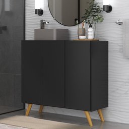 Gabinete Banheiro 3 Portas Retrô 90cm Multimóveis V5030 Preto/Natural - 2