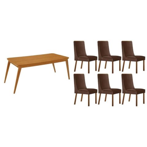Sala de Jantar Completa Havana C/ Tampo Madeirado Canto Curvo 180x90cm e 6 Cadeiras Dakota Naturale