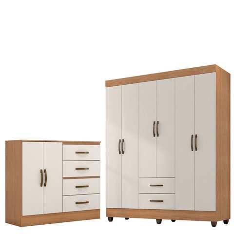 Kit Guarda-roupa Casal 6 Portas com Cômoda Sapateira 4 Gavetas Lisa Nature/off White