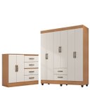Ver imagem 1 de Kit Guarda-roupa Casal 6 Portas com Cômoda Sapateira 4 Gavetas Lisa Nature/off White