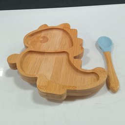 Prato Infantil Criança Bebê com Colher e Ventosa Home&co Dinossauro Bambu 3x18x18cm Natural - 3