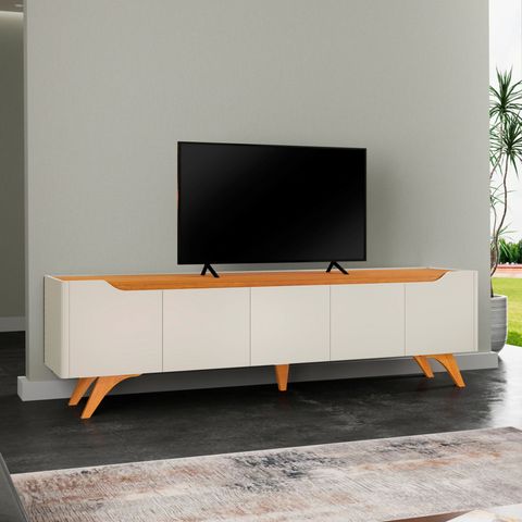 Rack para TV até 75 Polegadas 100% MDF 220cm Pés em Madeira Maciça 4 Portas Grécia Bege Off White/Naturalle