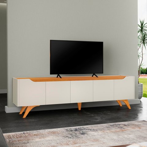 Rack para TV até 75 Polegadas 100% MDF 4 Portas 220cm Pés em Madeira Maciça Grécia