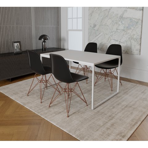 Mesa Industrial Base Ferro Branco Tampo 137x90 Branco 4 Cadeiras Eames Ferro Cobre Assento Preto