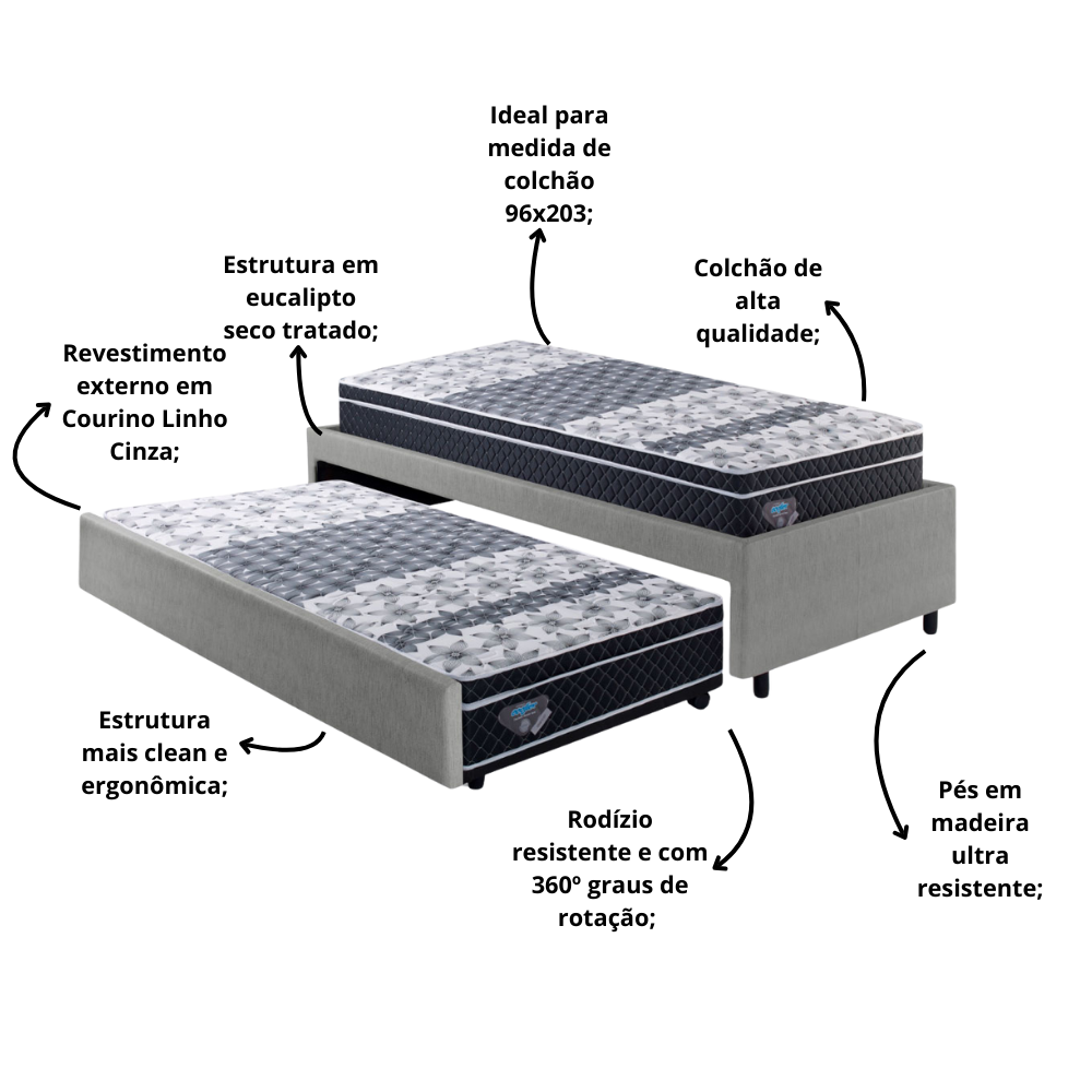 Bicama Box Solteirão Courino Linho Cinza 96x203 com Dois Colchões Gransleep Molas Verticoil Ecoflex - 6