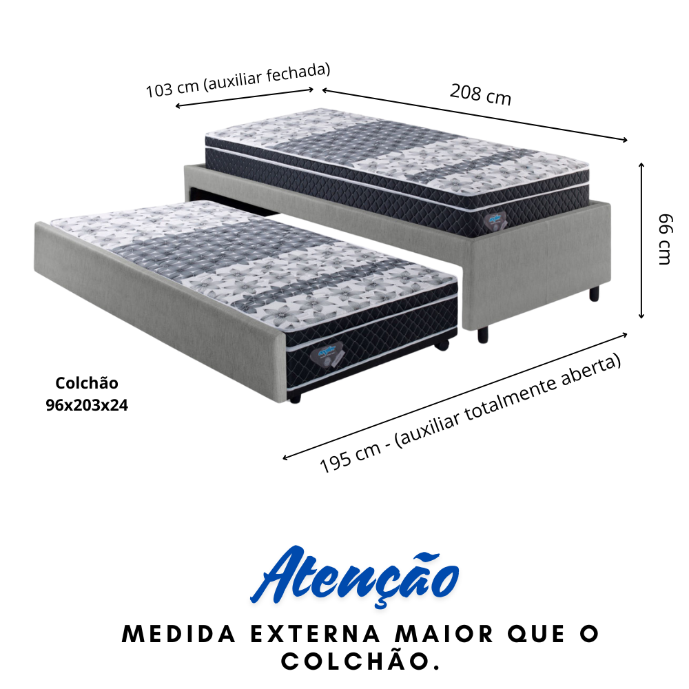 Bicama Box Solteirão Courino Linho Cinza 96x203 com Dois Colchões Gransleep Molas Verticoil Ecoflex - 4