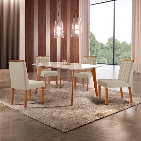 Conjunto Sala de Jantar Mesa Paris Madeira Maciça 140x80cm Tampo Retângular Vidro Off White com 4 Ca