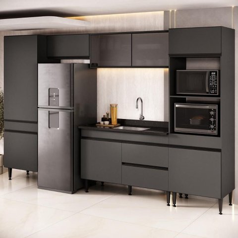 Armário de Cozinha Modulada Completa com Pia 313cm Milano Multimóveis MCR2394 Grafite/Preto