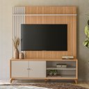 Ver imagem 1 de Estante para TV e Home Theater MDF 162,2cmx187,2cm Pés em Madeira Maciça Valença 65 Linea Brasil Bege Jequitibá/Off White Fosco