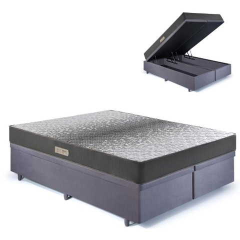 Cama Baú King 193x203 Suede Cinza com Dual Firm Espuma Ecoflex