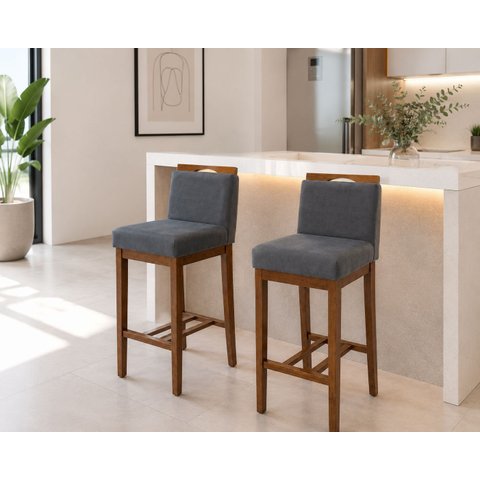 Conjunto 2 Banquetas Baixa em Madeira Maciça Libéria Cinza/Pinhao