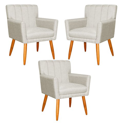 Kit 3 Poltronas Decorativa para Sala de Estar Cecília Linho Bege - Montanaris Decor Md Montanaris de