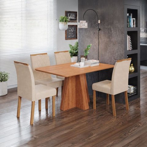 Sala de Jantar 4 Lugares 130 cm Artemísia Cadeiras Madeira Maciça Cinamomo/Nude - Panorama Móveis