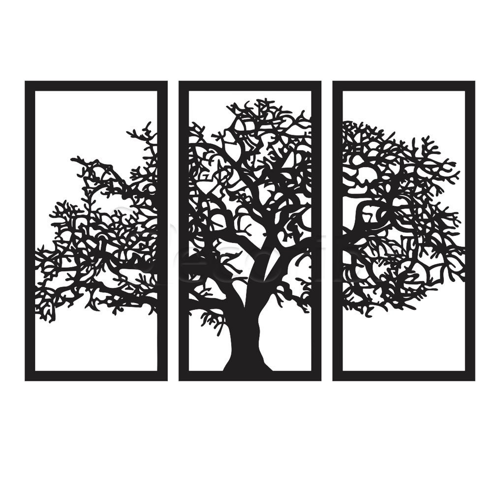 Quadro Placa Vazado Árvore Da Vida 3 Peças 64 x 45 Decoração Mdf 3mm Preto - Decori Br