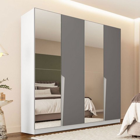 Guarda-roupa Casal Porto 4 Portas 4 Gavetas com Espelho Branco/cinza - Politorno