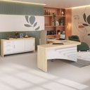 Ver imagem 1 de Conjunto 2 Peças com Mesa Diretor em L e Armário Multiuso Baixo 3 Gavetas 2 Portas Carvalho Branco Marrom Artany