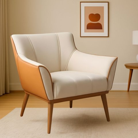 Poltrona Branca em Courino e Veludo Modelo Berlim Pés de Madeira