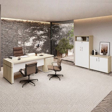Conjunto 3 Peças 1 Mesa em L Tamburato 1 Armário Alto 1 Balcão Baixo Marrom/Carvalho/Branco Artany