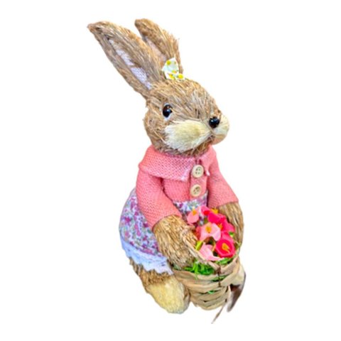 Coelha Palha com Vestido Rosa e Cesto de Flores
