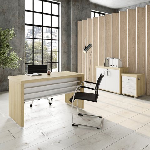 Conjunto Escritório Completo 1 Mesa 135cm 1 Balcão Baixo 1 Gaveteiro com Rodinhas Carvalho Branco Marrom Artany