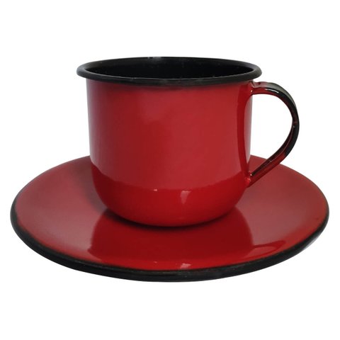 Caneca Esmaltada Xícara Com Pires Para Chá Café 150ml Vermelha