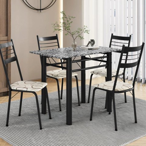 Conjunto de Mesa e Cadeiras Palma Assento em Madeira Preto/Cedro/Ocre