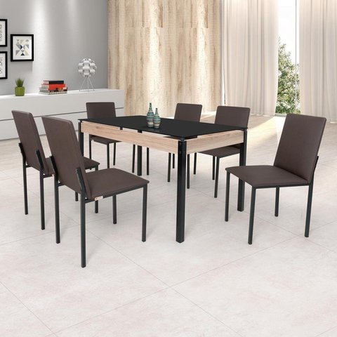 Conjunto Sala de Jantar Mesa 140x80cm Tampo Vidro com 6 Cadeiras Dubai Marrom/Preto Fosco/Linho