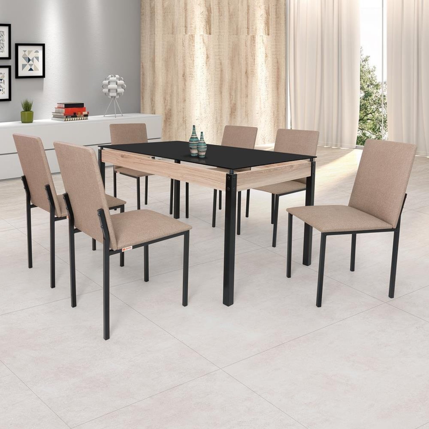 Conjunto Sala de Jantar Mesa 140x80cm Tampo Vidro com 6 Cadeiras Dubai  - 1