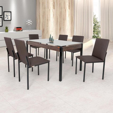 Conjunto Sala de Jantar Mesa 140x80cm Tampo Vidro com 6 Cadeiras Dubai Marrom/Preto Fosco/Linho