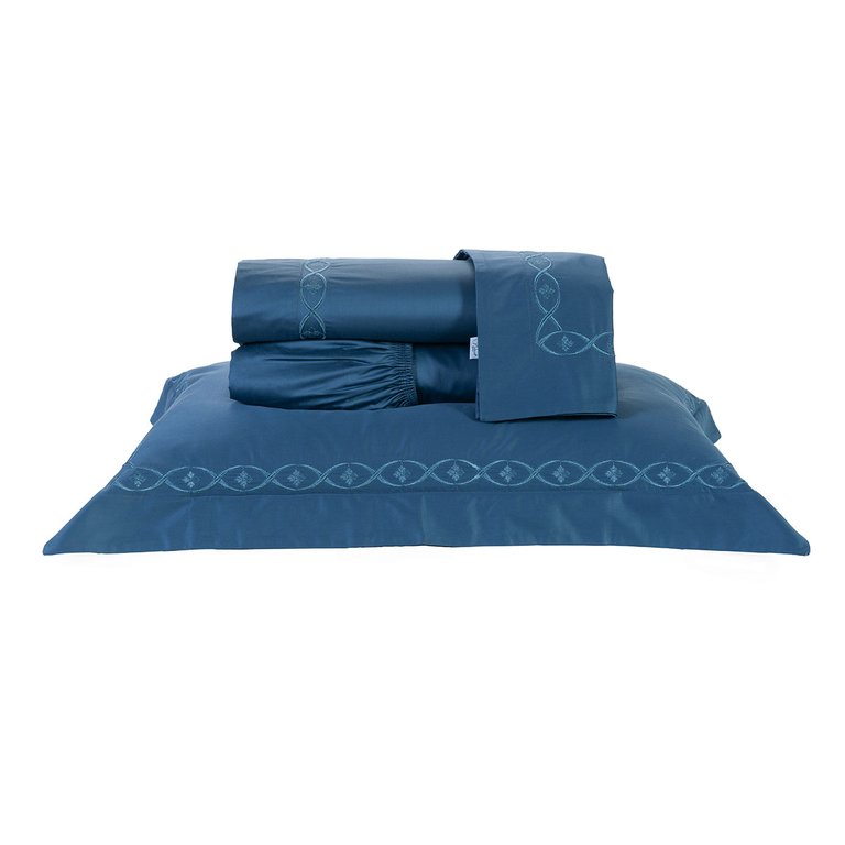 Roupa de Cama Casal Padrão 400 Fios Egípcio 100% Algodão Azul 4 Peças Bordado Roupa de Cama Casal Padrão 400 Fios Egípcio 100% Algodão Azul 4 Peças Bordado