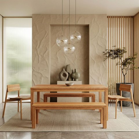 Mesa de Jantar 6 Lugares 180cm com 02 Bancos de Madeira e 02 Cadeiras Dunia F06 Rústico Claro - Lyam