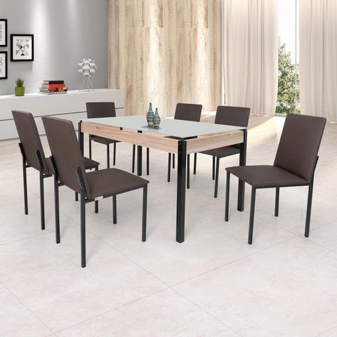 Conjunto Sala de Jantar Mesa 140x80cm Tampo Vidro com 6 Cadeiras Dubai Marrom/Preto Fosco/Linho