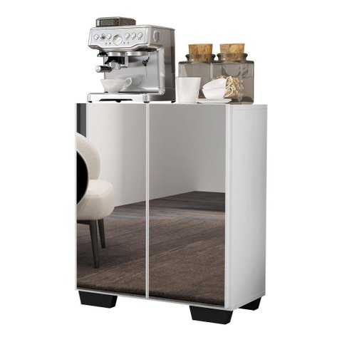 Aparador Buffet 2 portas com Espelho e Pés Quadrados Vegas Multimóveis V3614 Branco/Preto