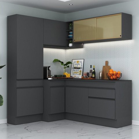 Armário De Cozinha Completa De Canto Com Rodapé Preto