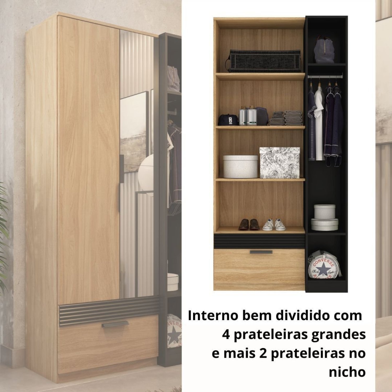 Guarda Roupa Solteiro com Espelho 2 Portas 1 Gaveta Capri  - 6