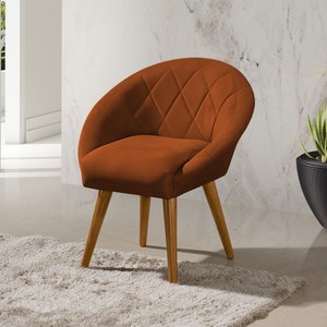 Poltrona Decorativa Canastra Estofada Veludo Laranja Terracota Pés Palito em Madeira Maciça
