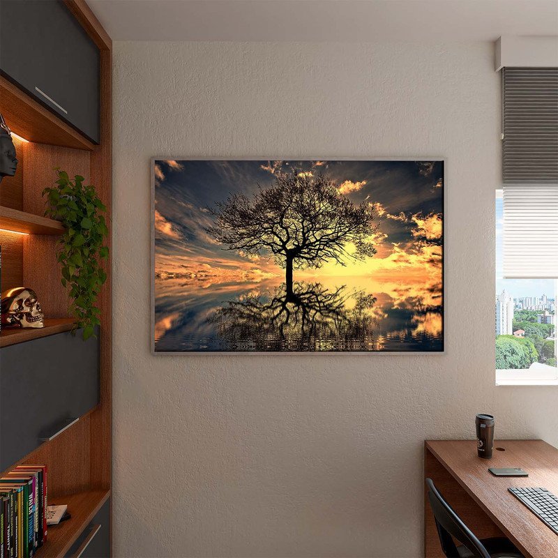 Quadro Decorativo Paisagem Grande Árvore Da Vida Com Moldura Dourada E  Vidro - 100x70
