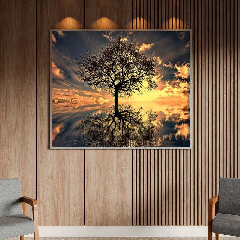 Quadro Decorativo Tela Canvas Paisagem Arvore da Vida Com Moldura Prata -  120x80 cm