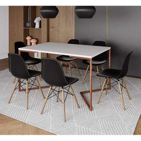Mesa Jantar Industrial Retangular Branca 137X90Cm Base V Cobre Com 6 Cadeiras Pretas Ma Cor: Branco