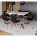 Ver imagem 1 de Mesa Jantar Industrial Retangular Branca 137X90Cm Base V Cobre Com 6 Cadeiras Pretas Ma Cor: Branco